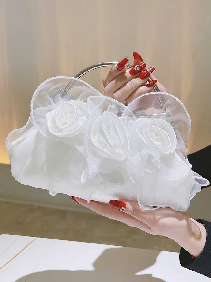 Flower Petal Clutch Bridal Handbag Evening Bag Satin Rose Elegant Purse For Bridesmaid Wedding Party Formal White Handle Bag Z250220