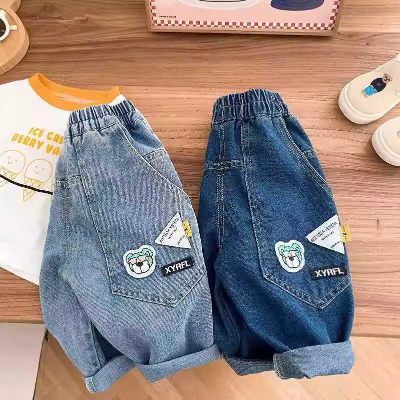 Autumn Little Boys Denim Pants Elastic Waist Bear Letter Sticker Kid Baby Boys Jeans Loose Ruched Children Boys Pants Z250220