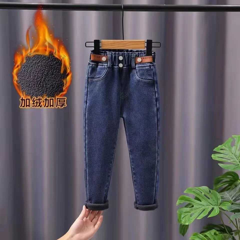 New Winter Thick Warm Fleece Girls Straight Jeans Boys High Waist Thicken Fashion Warm Denim Pants Cowboy Trouser Z250220