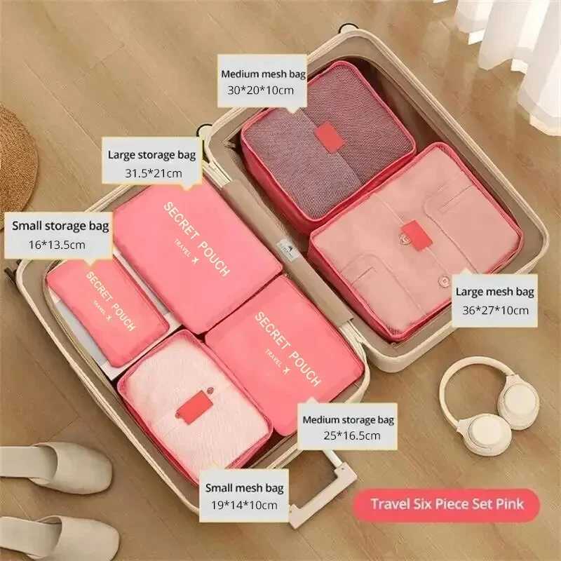 6 Pcs/Set Pink/Blue/Grey Travel Storage Bag Large Capacity Waterproof Luggage Clothing Underwear Storage Bag With Zipper X250220