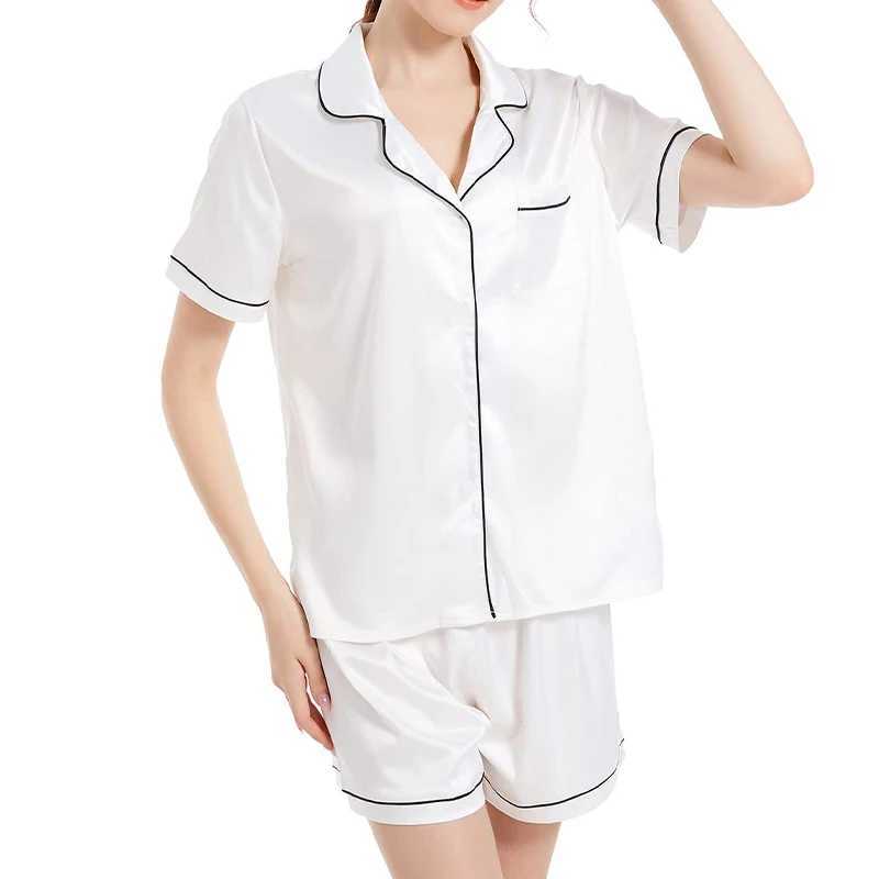 Summer New Fashion Solid Color Satin Pajama Set Womens Flip Tie Button Shirt Top and Elastic Shorts Pajama SetXJ250220