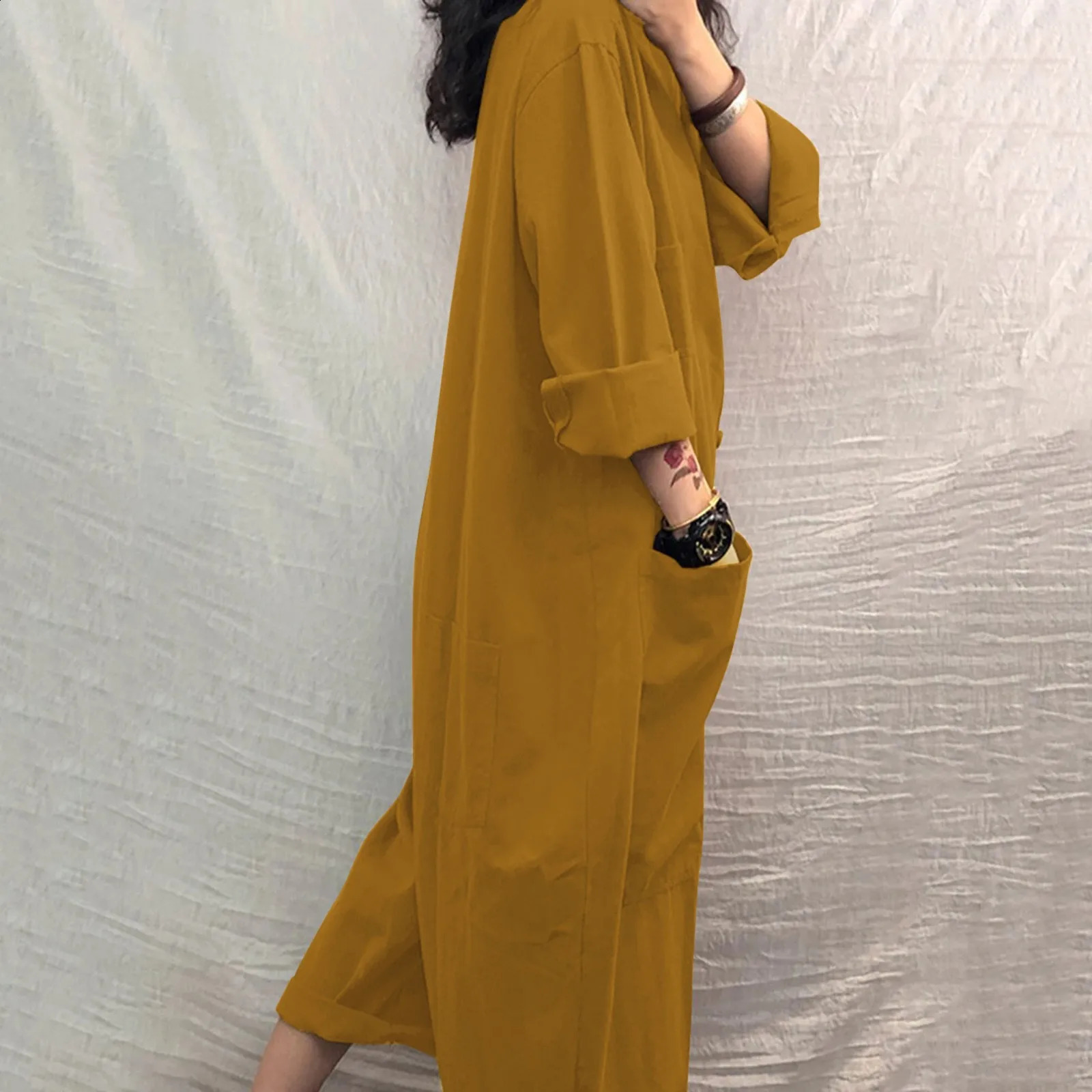 Womens jumpsuit oversized womens casual solid standing collar loose pocket autumn retro wide leg pants 250220