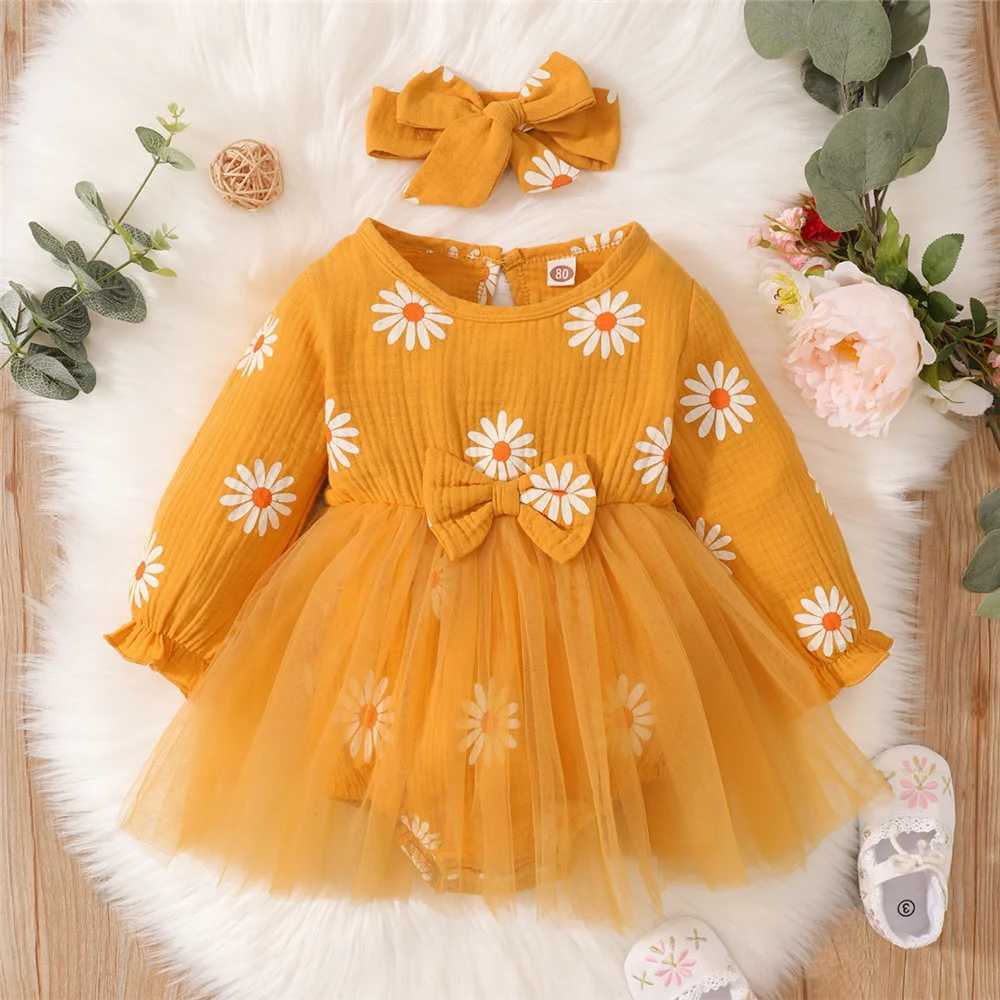 Newborn Baby Girl Romper Dress Long Sleeve Flowers Print Tulle Bodysuit Yellow Spring Autumn Dress with Headband Clothes X250220