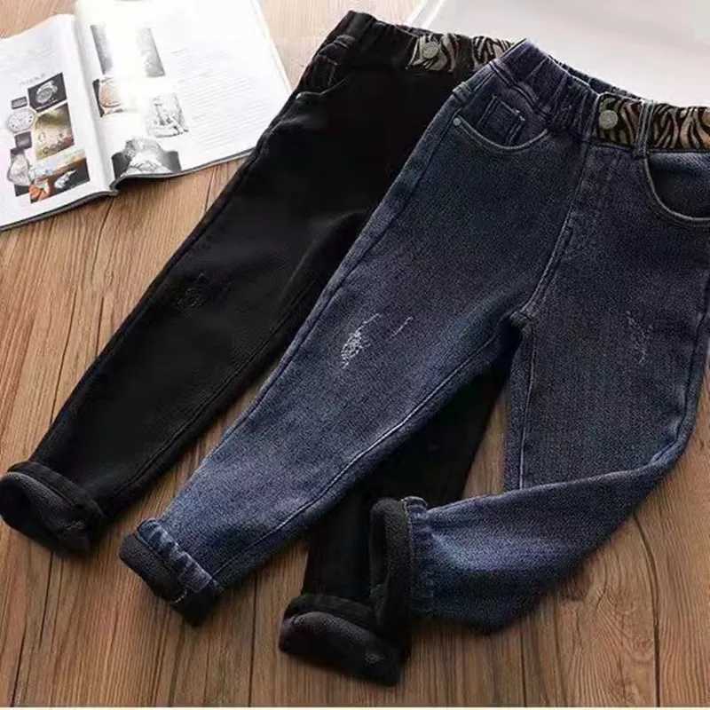 Girls Plush Jeans For Autumn And Winter Childrens Thickened One Piece Elastic Slim Fit And Warm Casual Pants For Small Feet Z250220
