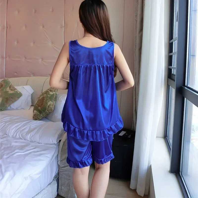 Perspective Summer Plus Size Sveless Faux Silk Satin Pajamas Set with Shorts Sexy Spwear Womens Home ClothingXJ250220