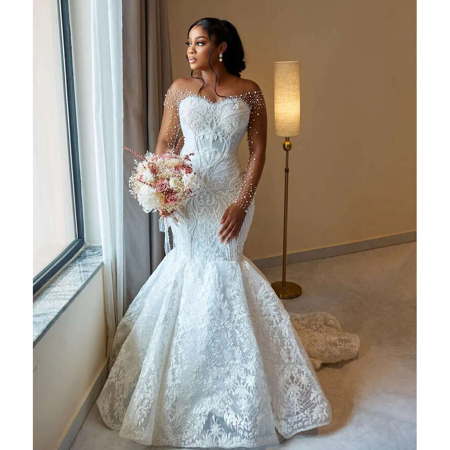 African Aso Ebi 2024 Off White Mermaid Wedding Dress Sheer Neck Full Sleeves Beaded Pearls Vintage Elegant Bridal Gowns Dresses Zj244