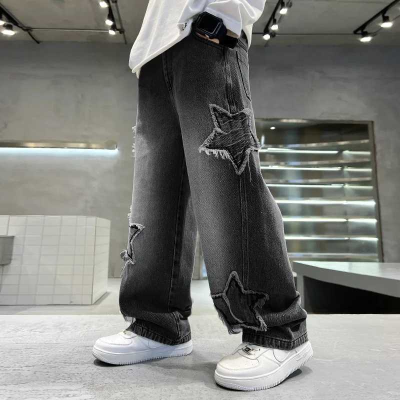 New Fashion Teenager Boys Denim Wide Leg Pants Child Trousers Spring Autumn Star Splicing R Edge Jeans 5-14 Yrs Kids Trousers Z250220