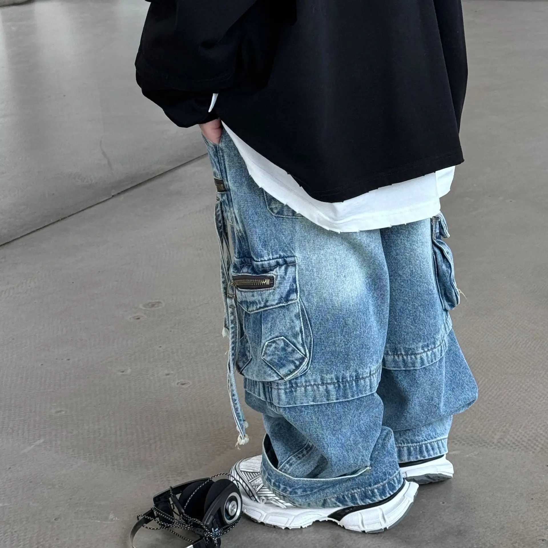 Baby Children Denim Pants Spring Autumn New Fashionable Cargo Jeans Boy Korean Sle Casual Handsome Full Length Pocket Pants Z250220