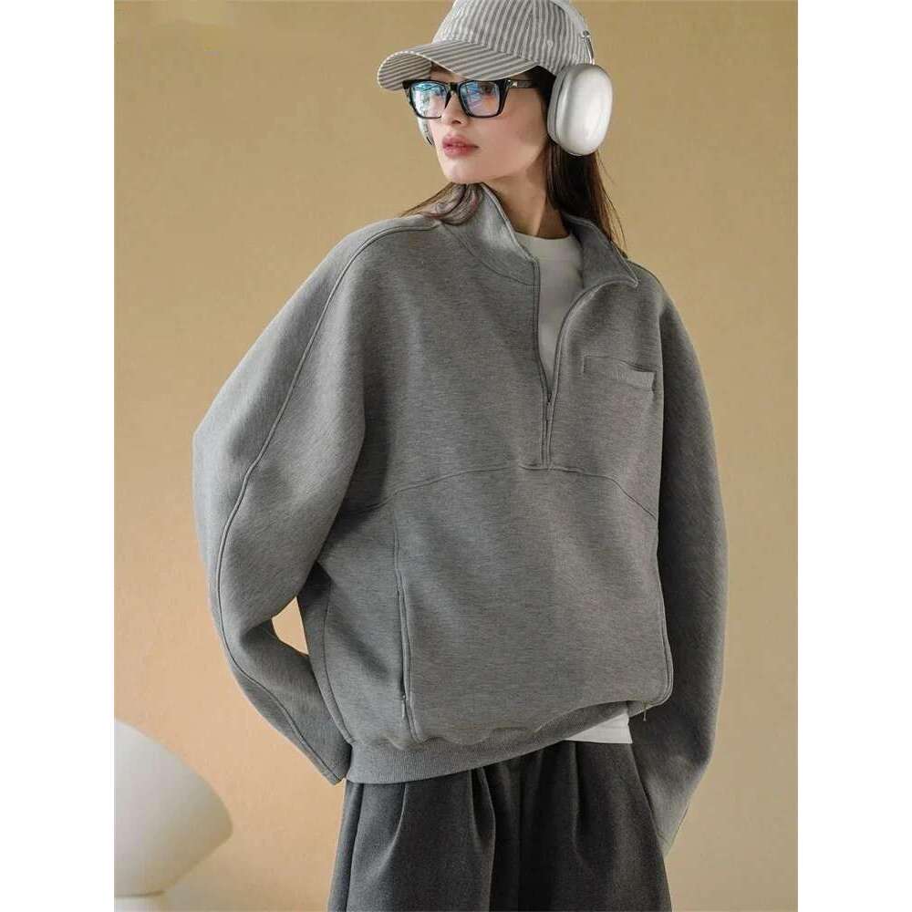 2025 Early Spring Fashion Half Turtleneck Air Layer Pullover Sweatshirt Women Loose Casual Top Grey/Navy Blue