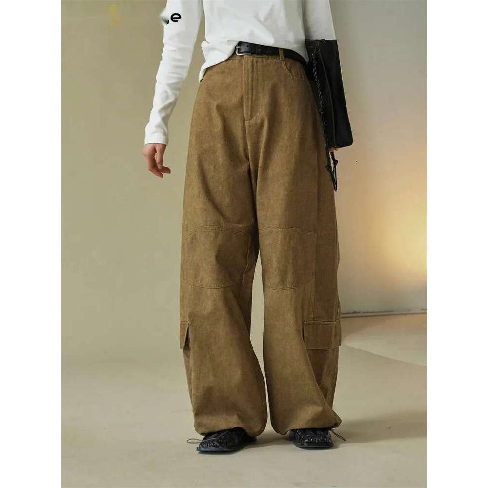 2025 Heavy Weight Early Spring Washed Large Pocket Cargo Pants Women Loose Wide Leg Trousers Khaki