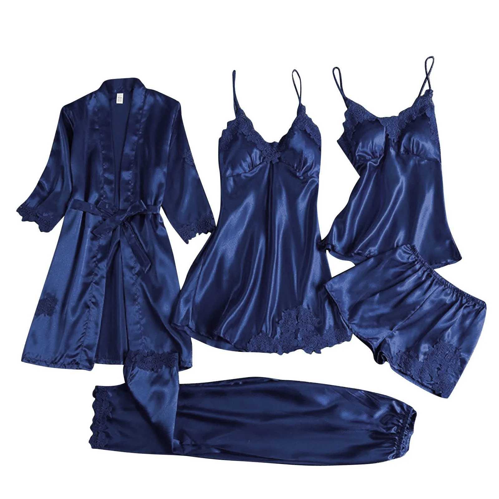 5pcs Ladies Satin Pajamas Set 5 Piece Pijamas Silk Like Lace Paneled Sexy WomenS Pajamas Smooth Skin-Friendly Home SpwearsXJ250220