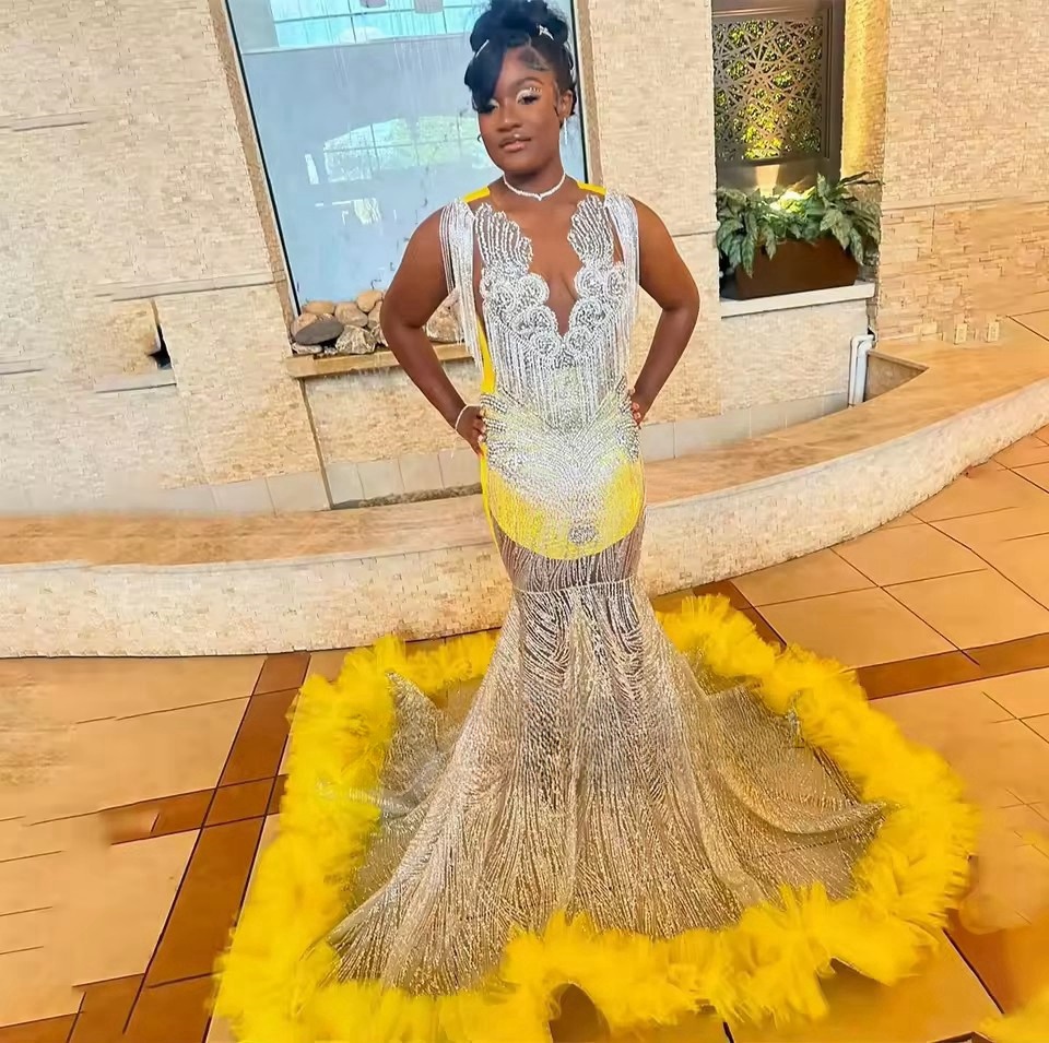 Sparkly Mermaid Prom Dress Customized For Black Girls Bead Appliques Rhies Ruffles Evening Party Gown Robe De Bal