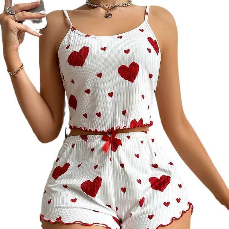 New Womens Pajamas Set Spwear 2 PCS Short Tank Tops And Shorts S M L White Ventilate Soft Casual Love Printing Set SpwearXJ250220