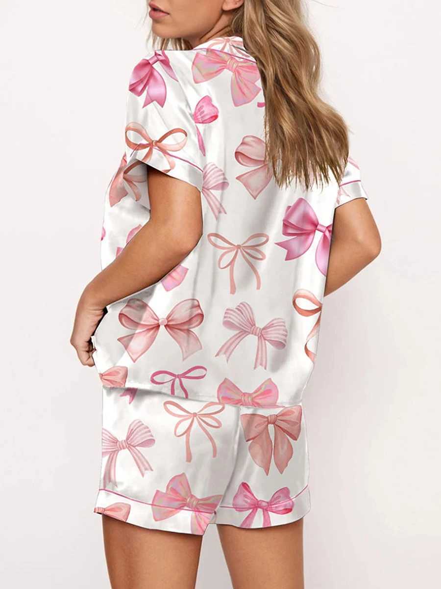 Womens 2 Piece Lounge Set Pajamas Short Sve Lapel Cute Bow Print Button Up Shirt Tops + Loose Shorts Set for Spwear PjsXJ250220