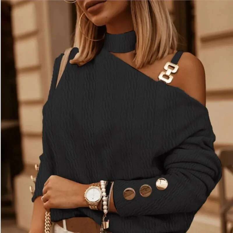 2024 Spring Autumn Sexy Off Shoulder Shirt Chain Hanging Neck Button Tops Fashion Elegant Women's White Blouse Feminine Clothing