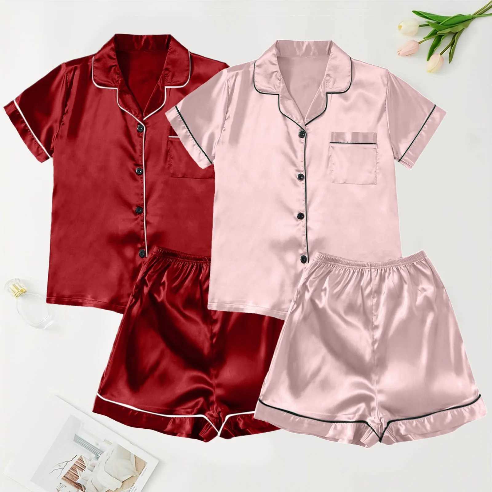 Spwear Women Silk Satin Short Sve Shorts Pajamas 4 Piece Set Breathable Quick Dry Night Dress Trouser Shirt Solid NightiesXJ250220