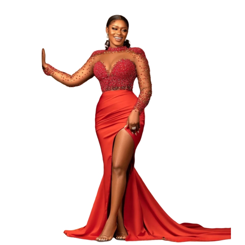 2025 African Red Mermaid Prom Dresses Pearls Beaded Long Sleeves Corset Formal Evening Gowns Transparent Jewel neck Side High Split Sexy Pageant Dress