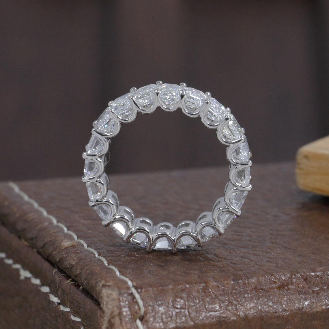 Jewelry 18K White Solid Gold Lab Grow Diamond EF Color 4.5*3.2mm Emerald Cut Full Band Eternity Ring HPHT CVD Diamond Stackable Ring