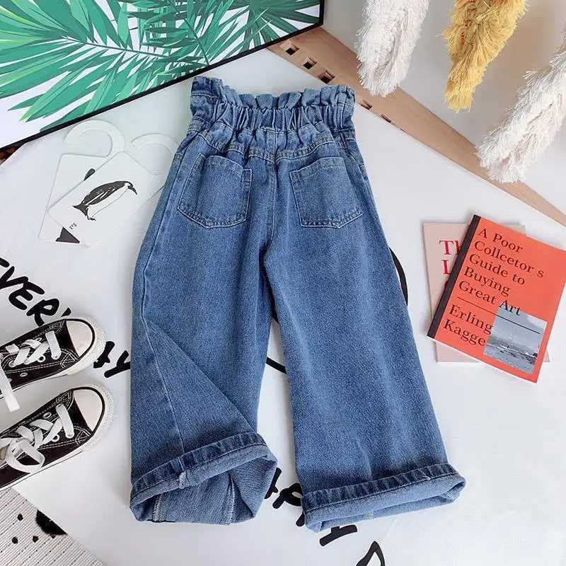Kids Wide Leg Pants 2024 Autumn Winter New Person Fashion Girls Hight-Waist Jeans Elastic Waist Button Pocket Casual Jeans Z250220