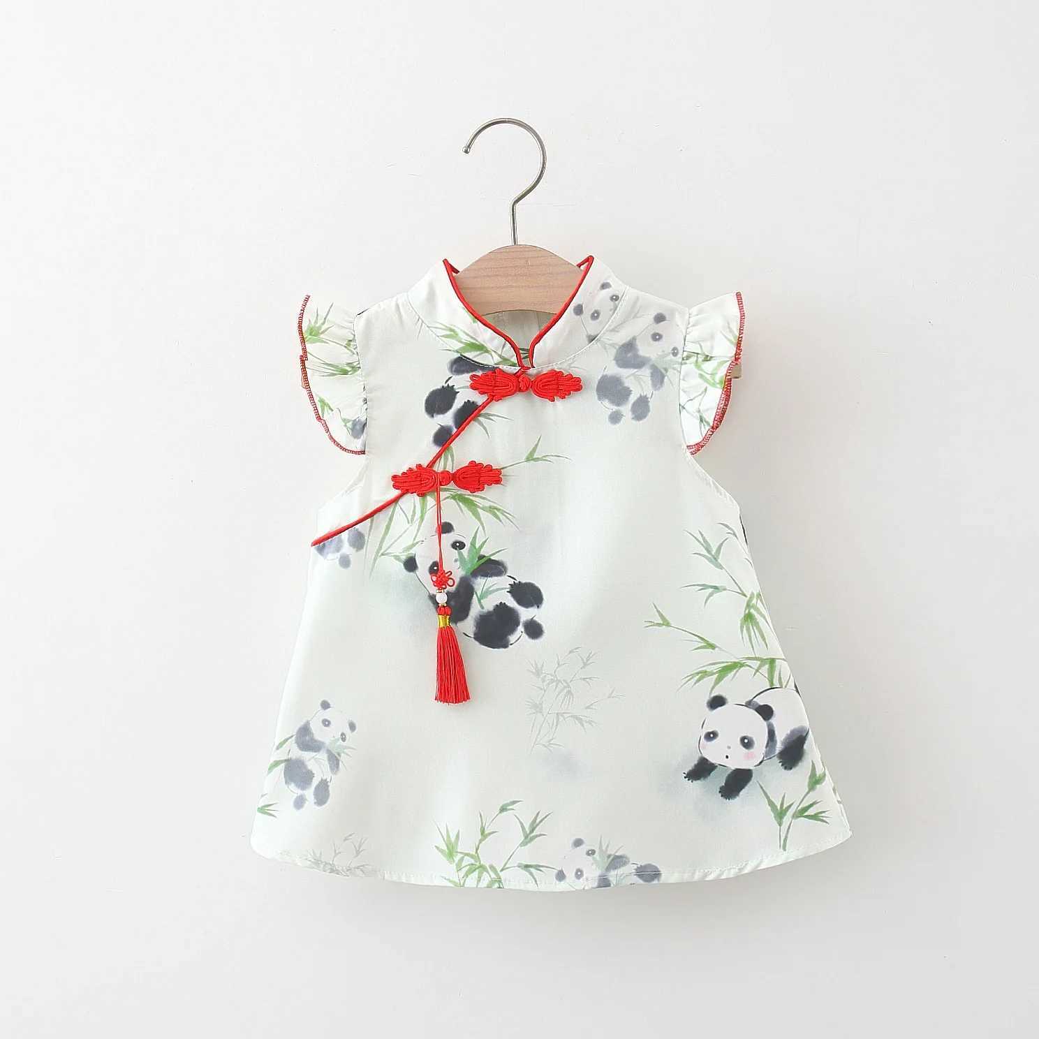 Chinese Style Girls Dress Summer Baby Girl Cartoon Panda Bamboo Print Small Flying Sleeves Buckle Tassel Cheongsam Dress X250220