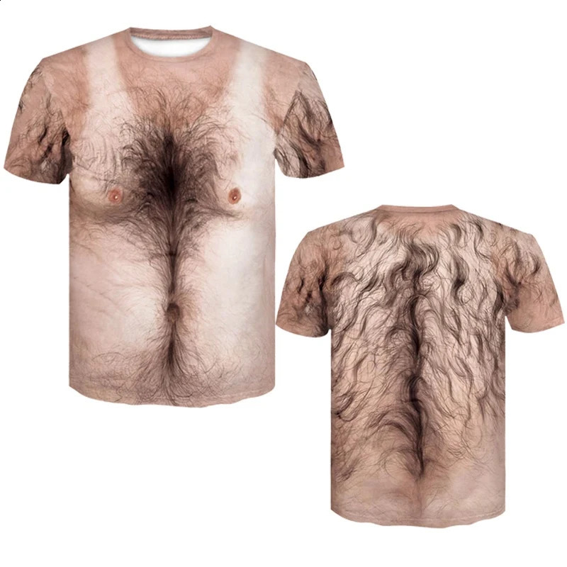 Mens 3D funny Tshirt printed on chest muscle hair fashionable short sleeved summer 2023 250213