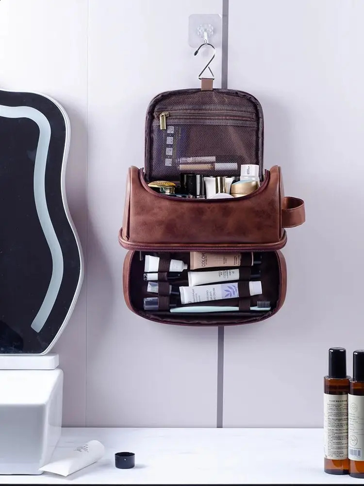 Toiletry Bag Mens Leather Travel Organizer Kit with hanging hook Large Water-resistant Toiletries Bathroom Shaving Bags 250220