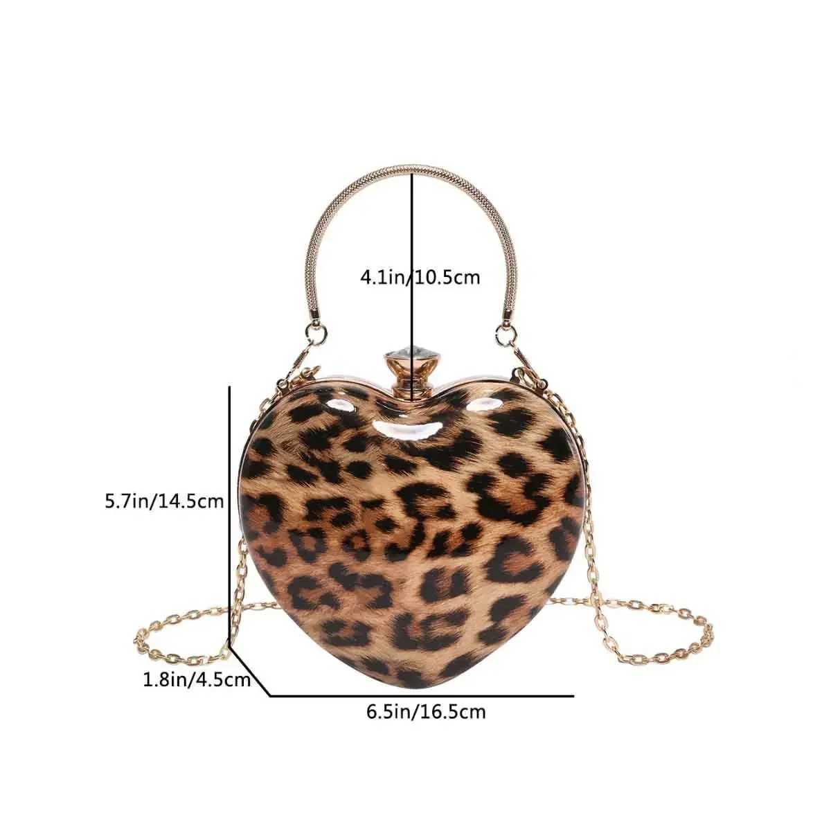 Ladies Famous Brand Evening Clutch Bag Heart Shape PU Patent Leather Leopard Print Luxury Phone Shoulder Handbag Women Wrist Bag