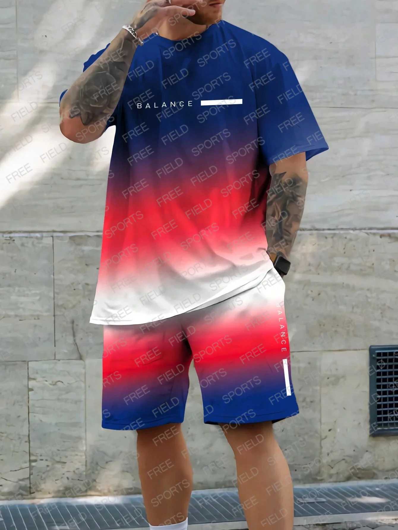Manfinity LEGND Men Summer Ombre Letter Printed Round Neck Short Sleeve Casual T-Shirt And Drawstring Waist Shorts Outfits Suits W250221