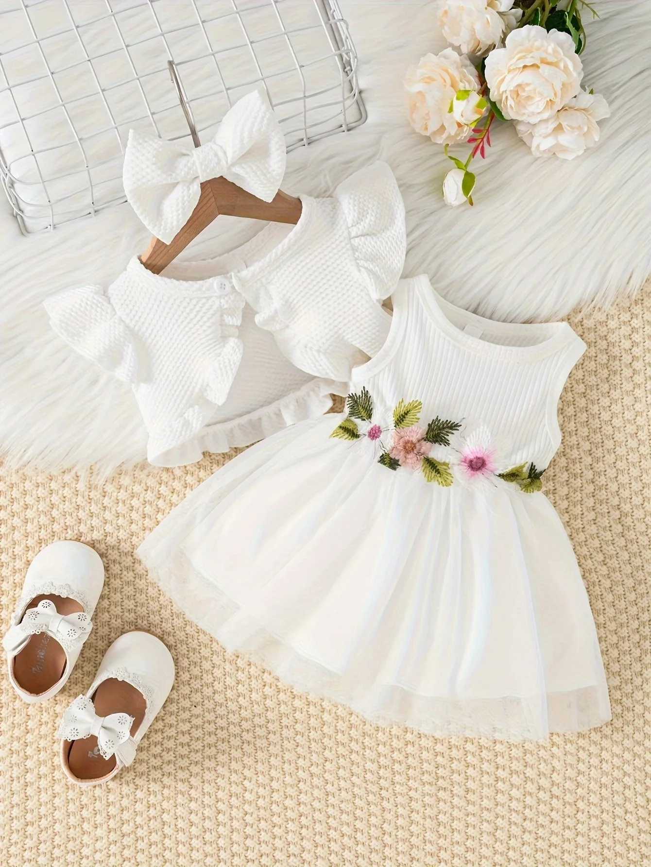 0-3 year old babies toddlers girls infants cute and sweet summer waist flower vests mesh dresses+same color jackets and hair accessories X250220