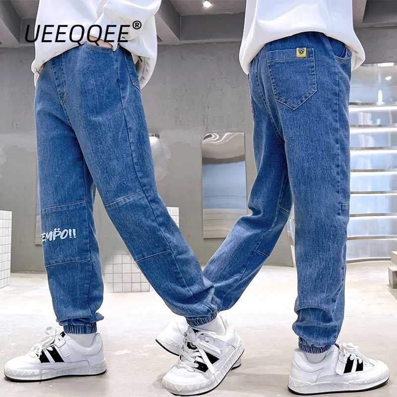 Spring Autumn Children Jeans 4-14Y Boys Cotton Print Splice Stretch Denim Pants Korean Teenage Trousers Wear Kids Clothing New Z250220
