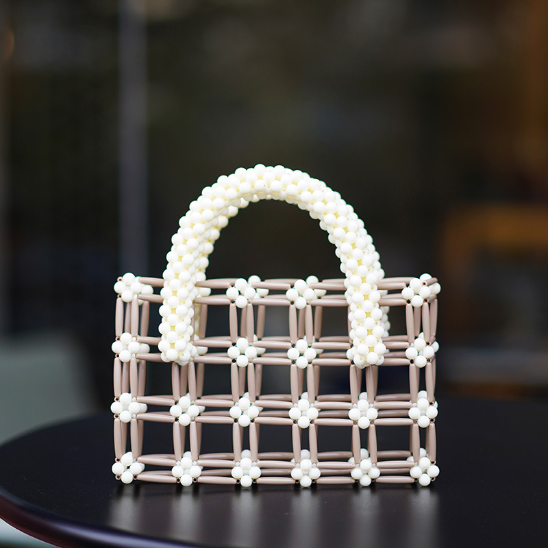 Acrylic Beaded Woven Handbag with White Flower Hollow Design for Women
