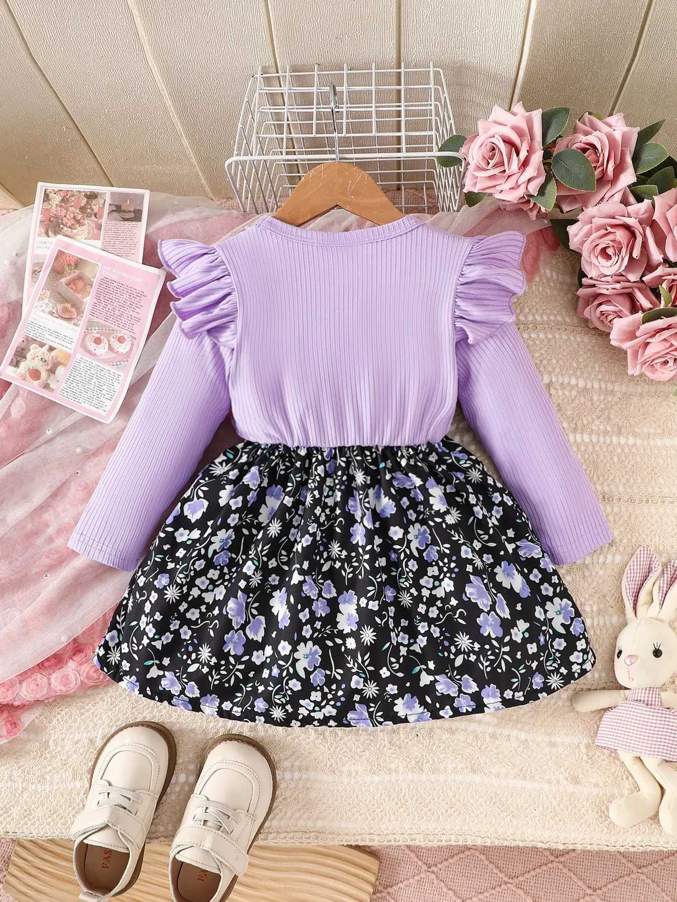 New baby girl long sleeved round neck casual simple printed dress X250220
