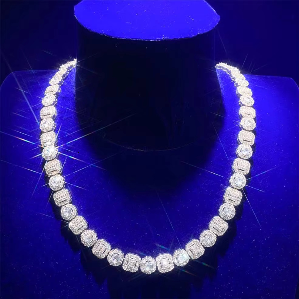 Hip Hop Custom Baguette Vvs Moissanite 10mm Square Halo Bg Cubic Zirconia Cluster Tennis Chain Necklace