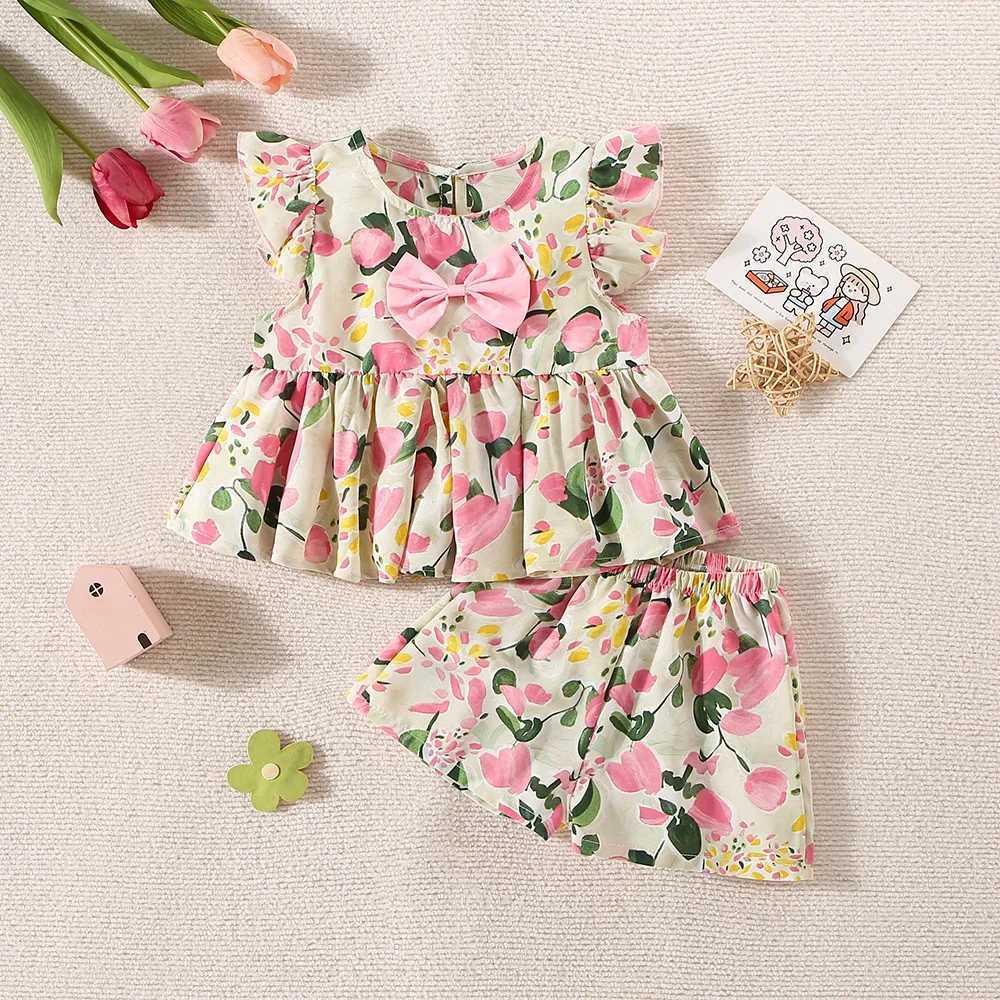 (0-3 Years Old) Summer Baby Girl Peach Print Bow Fly Sleeve Top And Shorts Set Girl Cute Cotton Two-Piece Set X250220