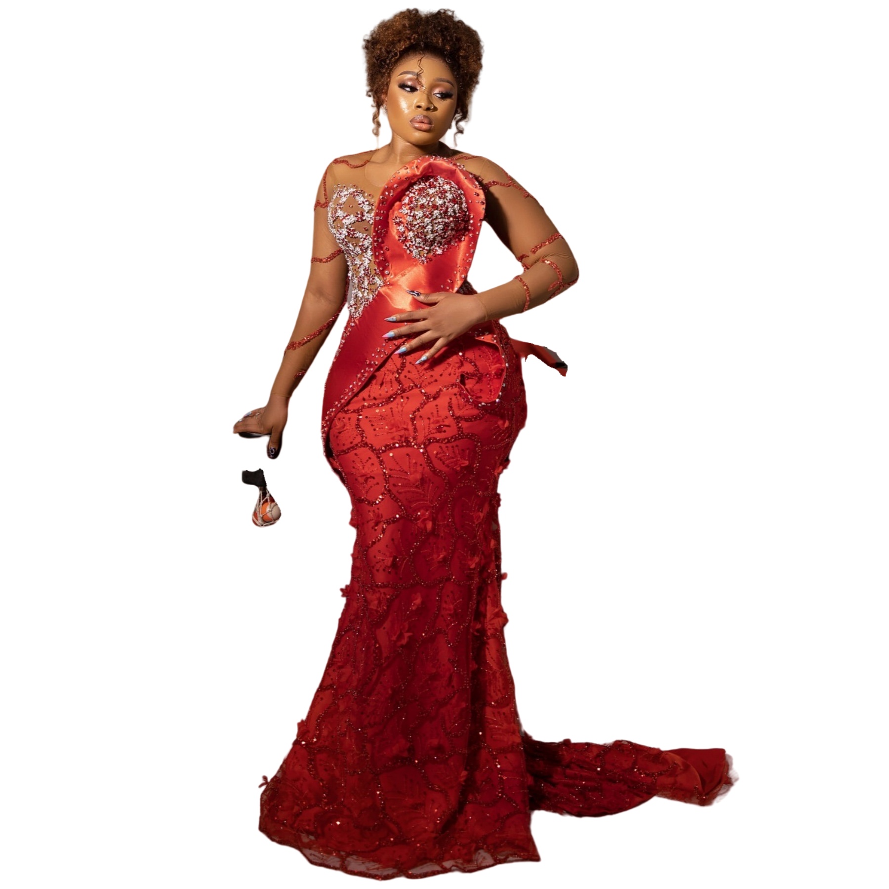 Red Mermaid Prom Dresses 2025 Floral Lace Beaded Crystals Evening Formal Party Second Birthday Engagement Gowns Plus Size Dress For Special Occasions