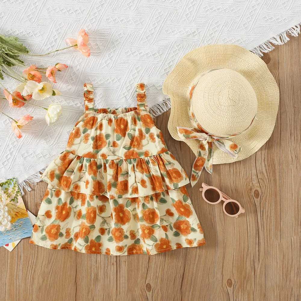 Summer New Girls Dress Hand-Painted Wind Rose Cake Layer Dress Birthday Party Team Dress Sweet Princess Dress Complimentary Hat X250220