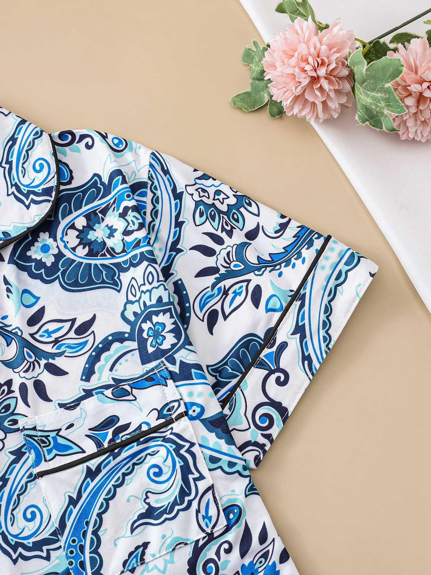 Two-piece set of womens pajamas lapel top and trousers paisley summer casual womens pajamas home wearXJ250220