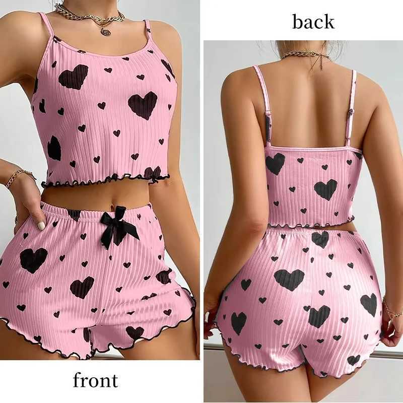 Sexy Heart Print Pajama Set Women Spwear Trendy Fashion Lounge Wear Nightwear Two Piece Set Homewear PyjamasXJ250220