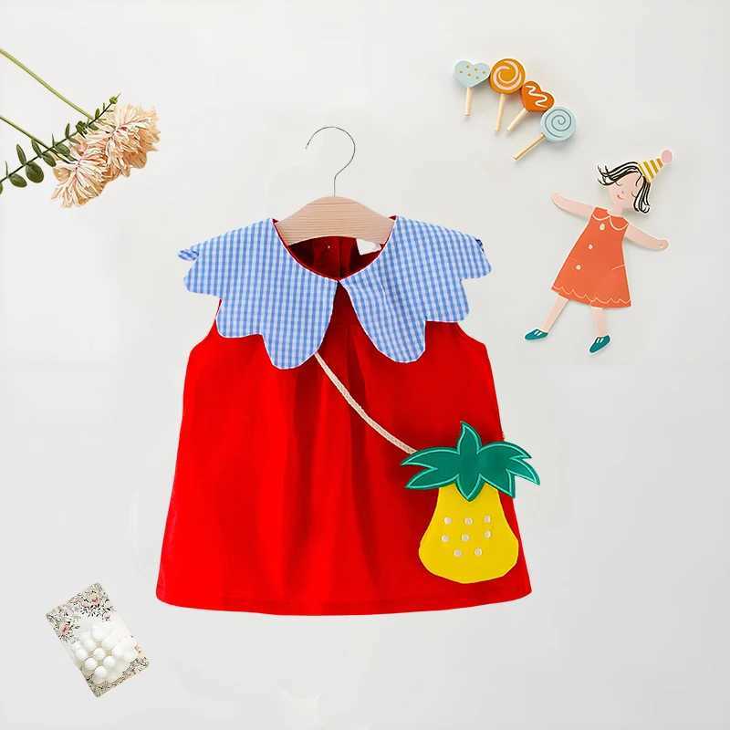 Summer Baby Girl Dress+Bag 2 Pcs Baby Girl Plaid Big Collar Solid Color Dress Cute Loose Cotton Comfortable Sleeveless Dress X250220