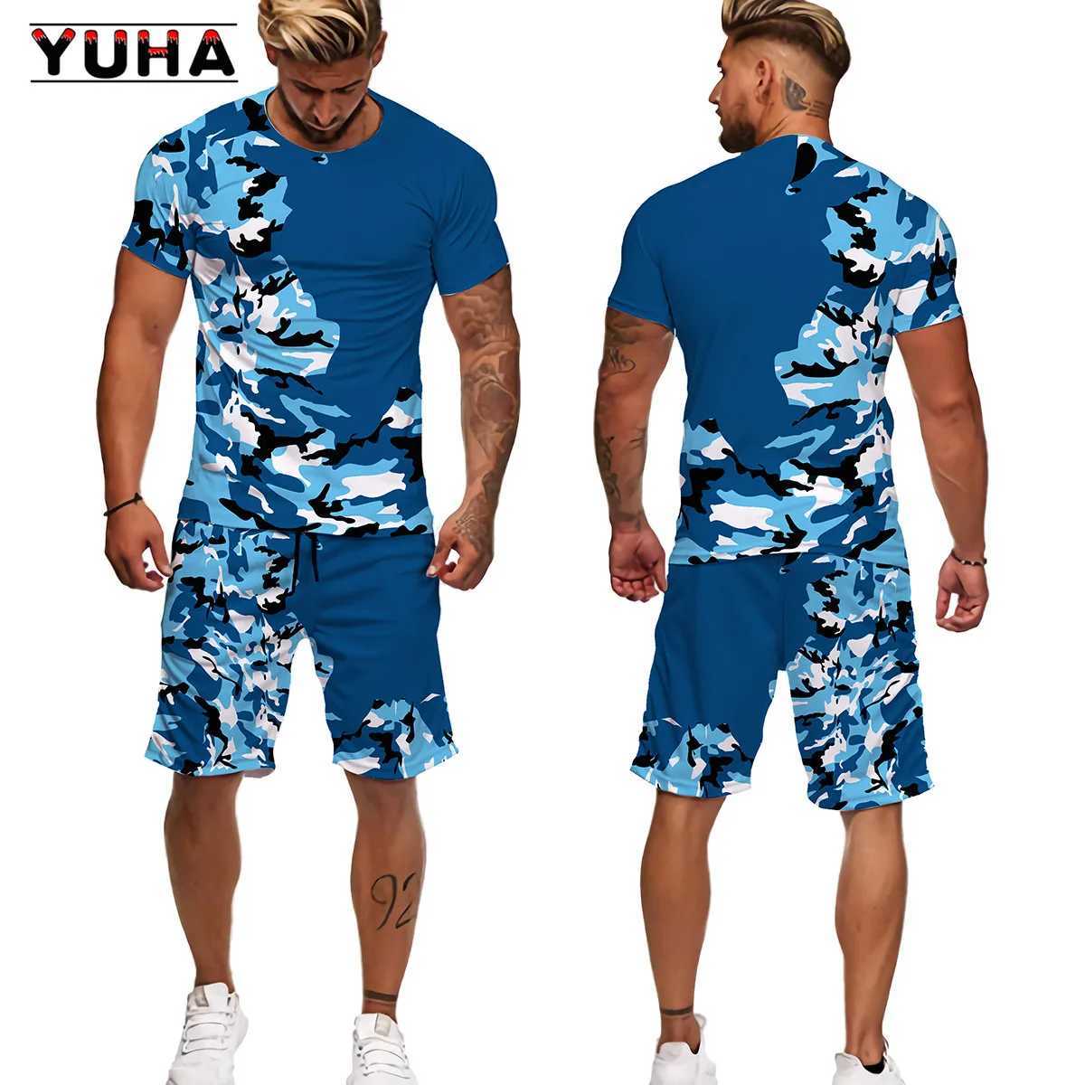 YUHA 2022 Summer Camouflage Tees/Shorts/Suits Mens T Shirt Shorts Tracksuit Sport Style Outdoor Camping Hunting Casual Mens Clo W250221