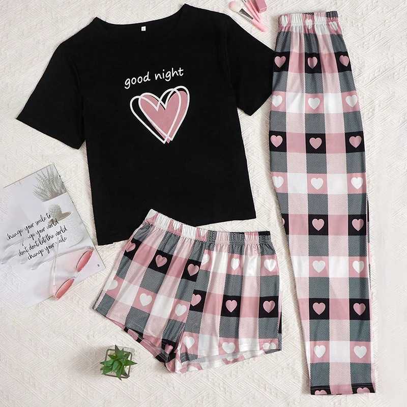 Womens 3 Piece Short Sve Crew Neck Top With Shorts And Pants Loungewear Spwear Lounge Sets Nighty Print Casual Pajama SetXJ250220