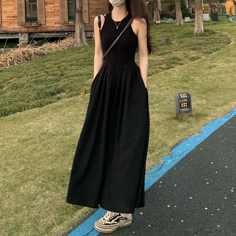 CW640 waist 2025 black Hepburn style long skirt sleeveless vest short sleeve skirt cotton high-end summer dress
