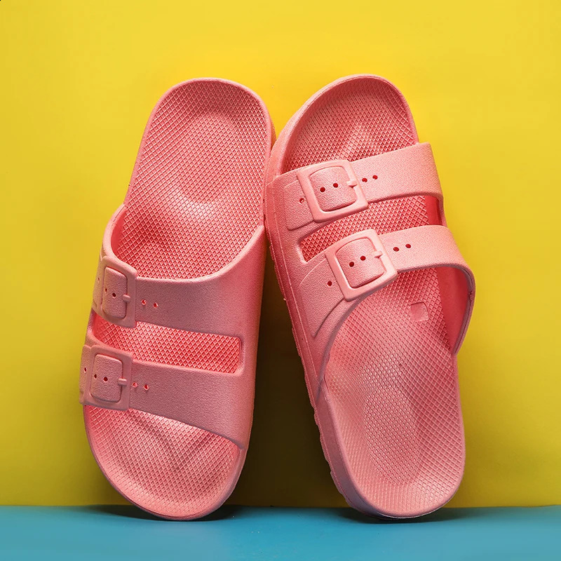 Summer 2024 childrens slides sandals boys and girls PVC apartments soft soled trends double button beach shoes 250218