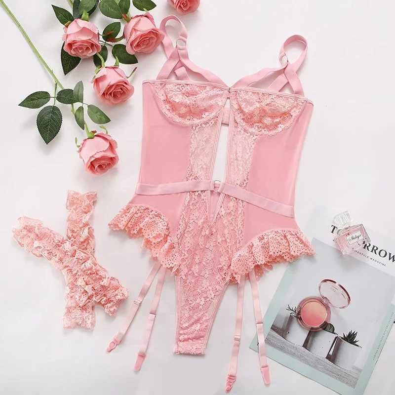 Porn Pink Lace Mesh Crotchless Bodysuit Women Floral Embroidery Transparent Bodies Sexy Lingerie for Sex UnderwearXJ250220
