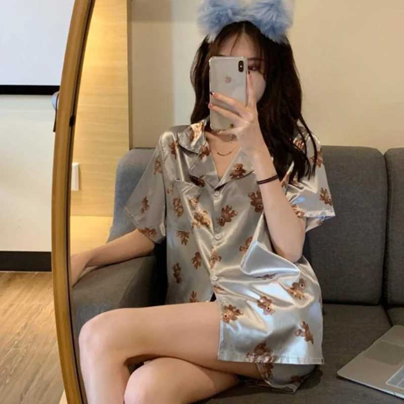 New Ladies Two-Piece Pajamas Ice Silk Women Short-Sved Cardigan Shorts Grey Bear Cute Summer Ladies Pajamas Homewear SetXJ250220