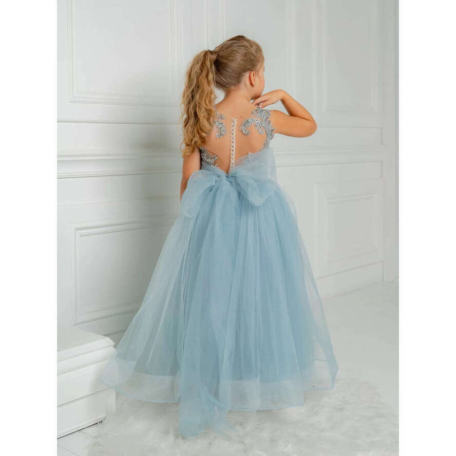 Blue Lovely Wer Girl Dresses For Weddings Appliques Beaded Tulle Little Girls Pageant Gowns Bow Birthday Party Kids Dress Mc