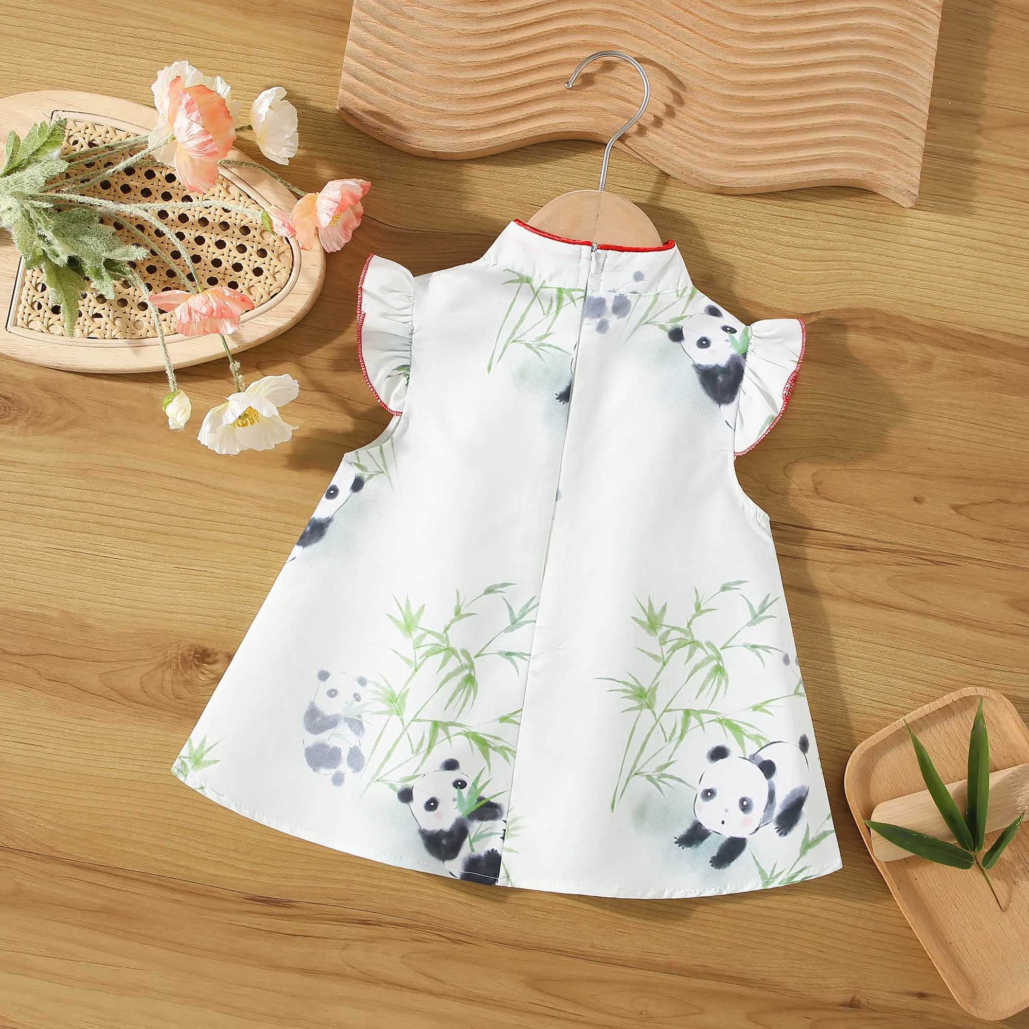Summer Baby Girl Cotton Panda Print Tassel Dress Girl Chinese Style Hanfu Dress X250220
