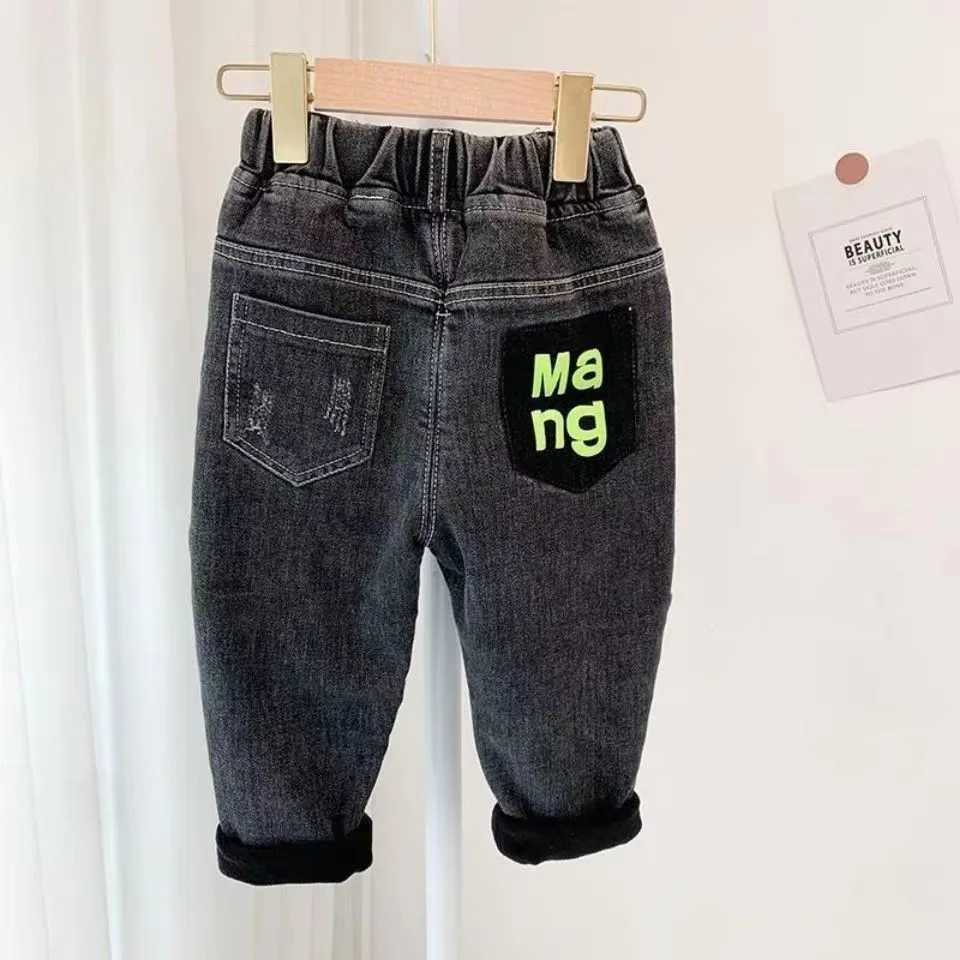Boys Autumn And Winter Plush Jeans 2023 New Childrens Stretch Jeans Korean Edition One Piece Plush Pants For Kids Z250220
