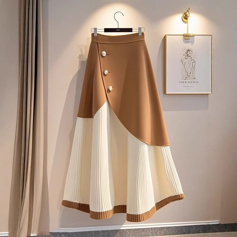 L180 New Fashionable Khaki Lint-free Knitted Skirt Women's Hot Style High Waist A-line Skirt
