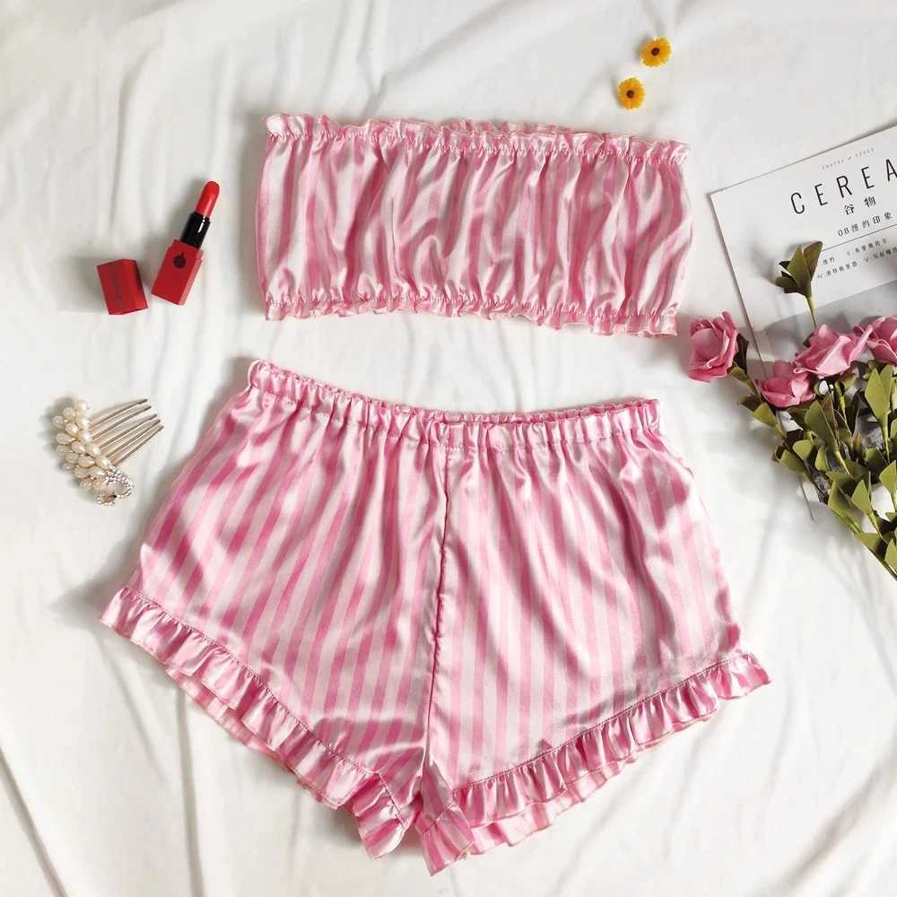Satin Silk Pajamas Set Women Sexy Spwear Summer Hot Sveless Pijamas Faux Silk Homewear Pink Striped Nightwear Lingerie BraXJ250220